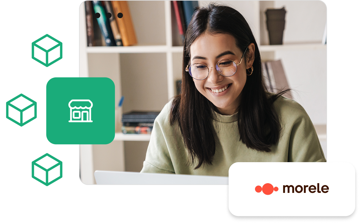 Kobieta pracująca przy laptopie oraz logo Morele.net
