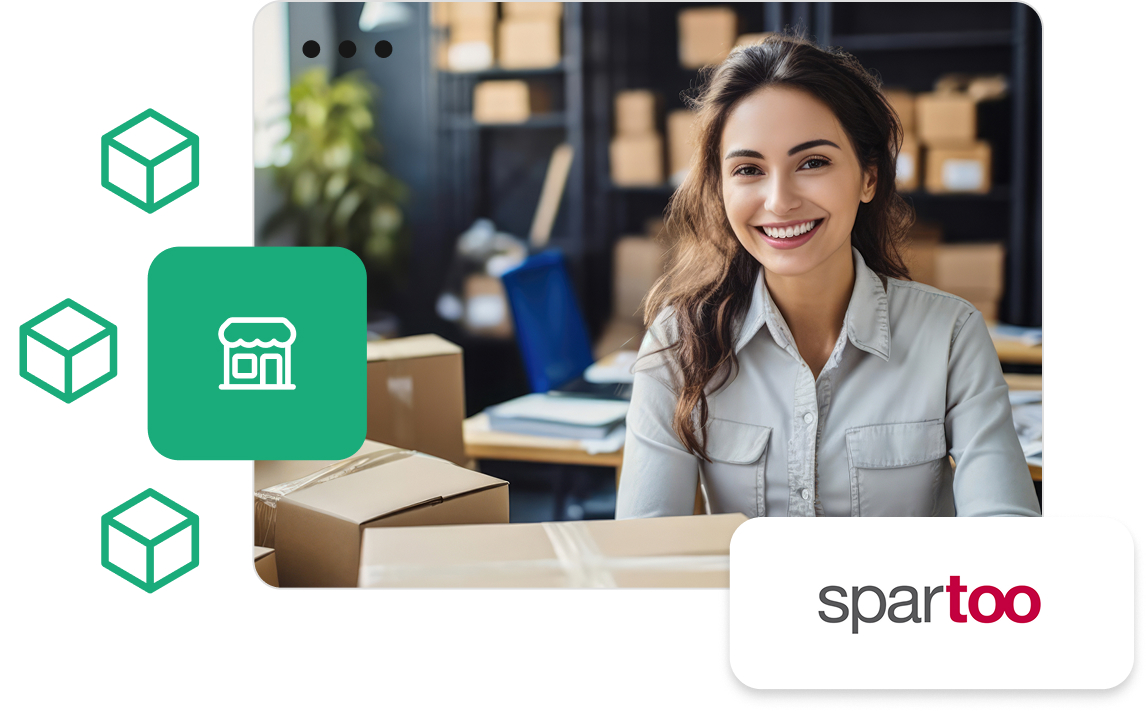 Integracja IdoSell ze Spartoo Uśmiechnięta kobieta w magazynie z paczkami oraz logo Spartoo