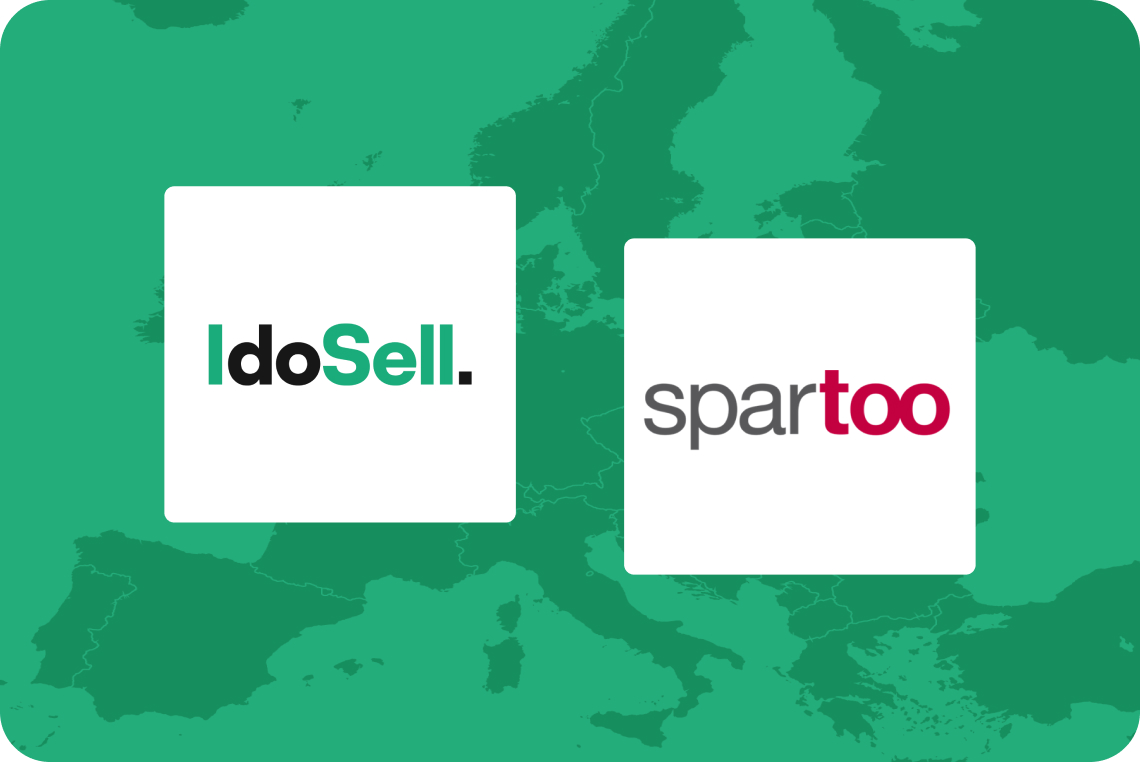 Integracja sklepu IdoSell ze Spartoo Logotypy IdoSell i Spartoo na tle mapy Europy