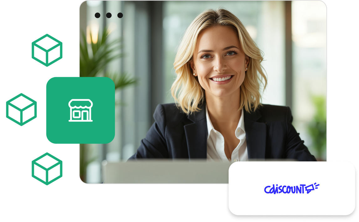 Uśmiechnięta kobieta przy laptopie oraz logo Cdiscount – grafika przedstawiająca integrację IdoSell z francuskim marketplace.