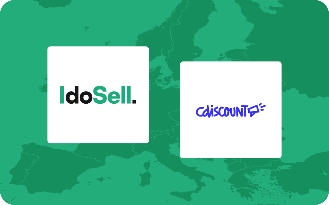 Logotypy IdoSell i Cdiscount na tle mapy Europy
