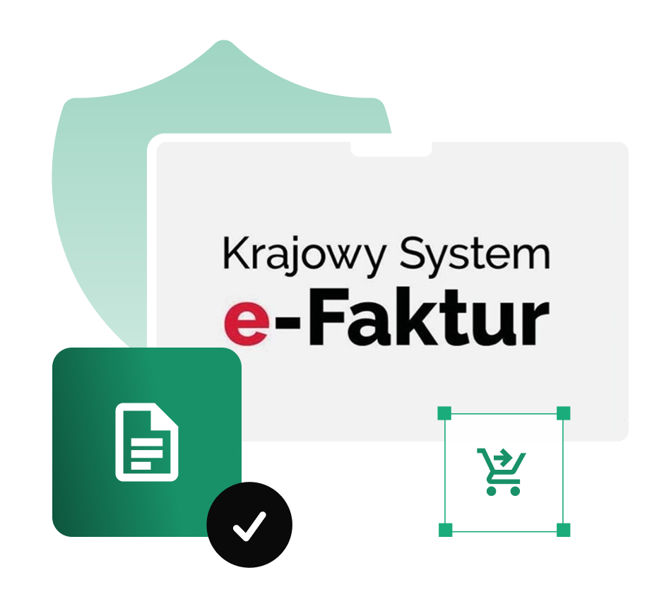 Grafika przedstawiająca Krajowy System e-Faktur (KSeF) – bezpieczną integrację e-Faktur dla sklepu internetowego