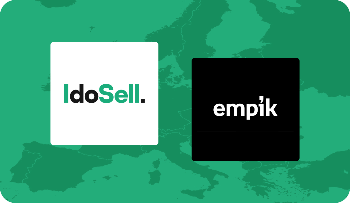 Integracja IdoSell z Empik Marketplace Logotypy IdoSell i Empik na tle mapy Europy symbolizujące integrację marketplace