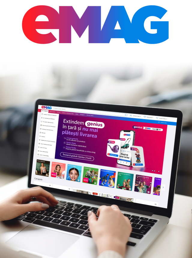 Strona główna marketplace eMAG wyświetlana na laptopie w kontekście integracji z IdoSell