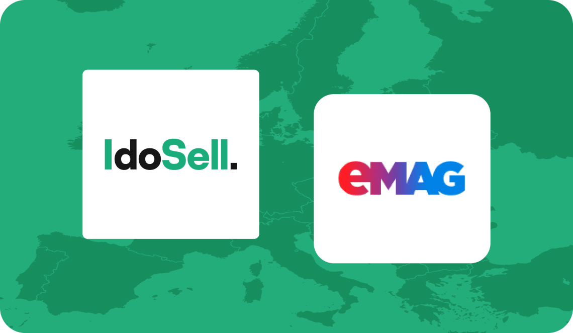 Logotypy IdoSell i eMAG na tle mapy Europy symbolizujące integrację marketplace