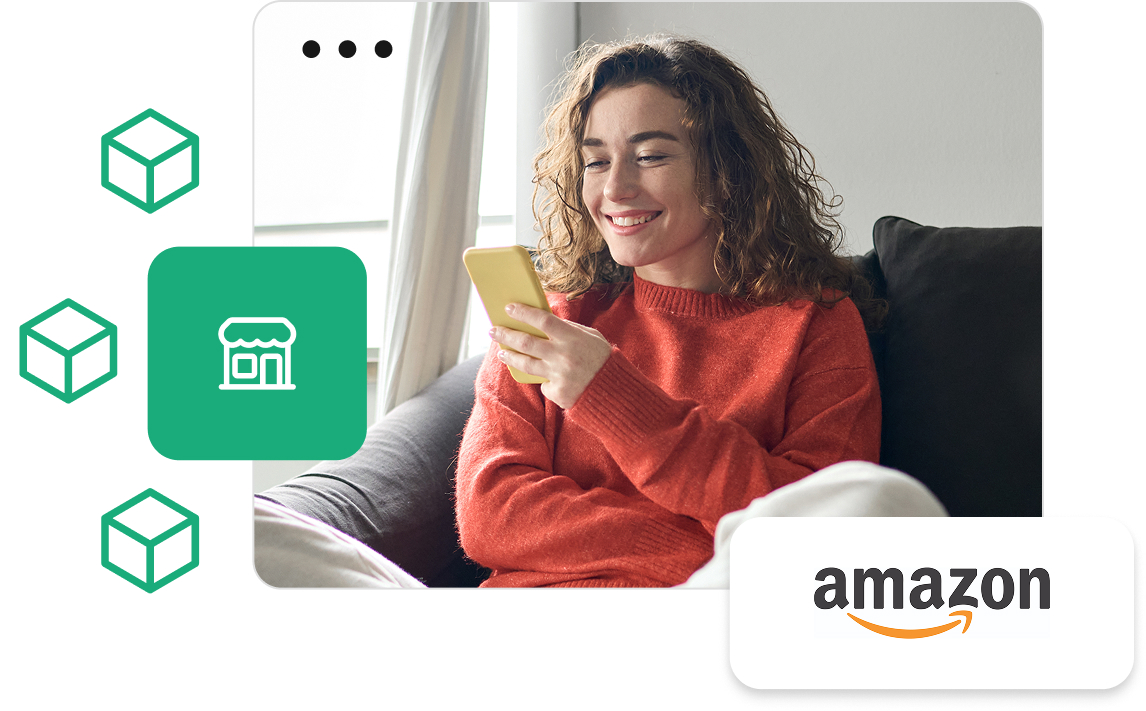 Sprzedaż na marketplace – obsługa sklepu internetowego i Amazon z jednego panelu Kobieta korzystająca ze smartfona, symbol sprzedaży na marketplace i integracji sklepu internetowego z Amazonem