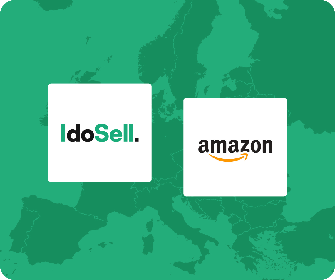 Integracja IdoSell z Amazonem – sprzedaż cross-border w Europie Logotypy IdoSell i Amazon na tle mapy Europy, symbol integracji platformy e-commerce z marketplace Amazon i sprzedaży międzynarodowej