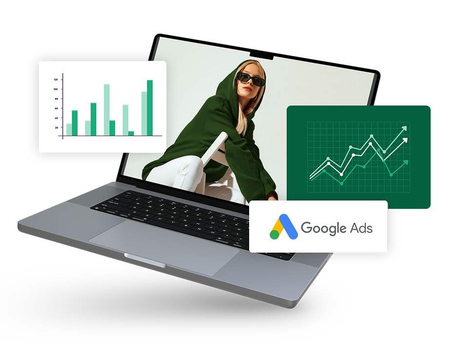 Grafika przedstawiająca laptop z wykresami obrazującymi wzrost efektywności Rekalm Google od IdoSell