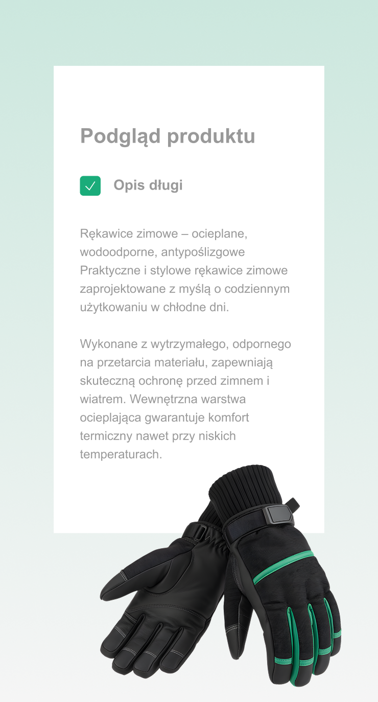 Opis długi w tle wraz z zielonymi rękawicami