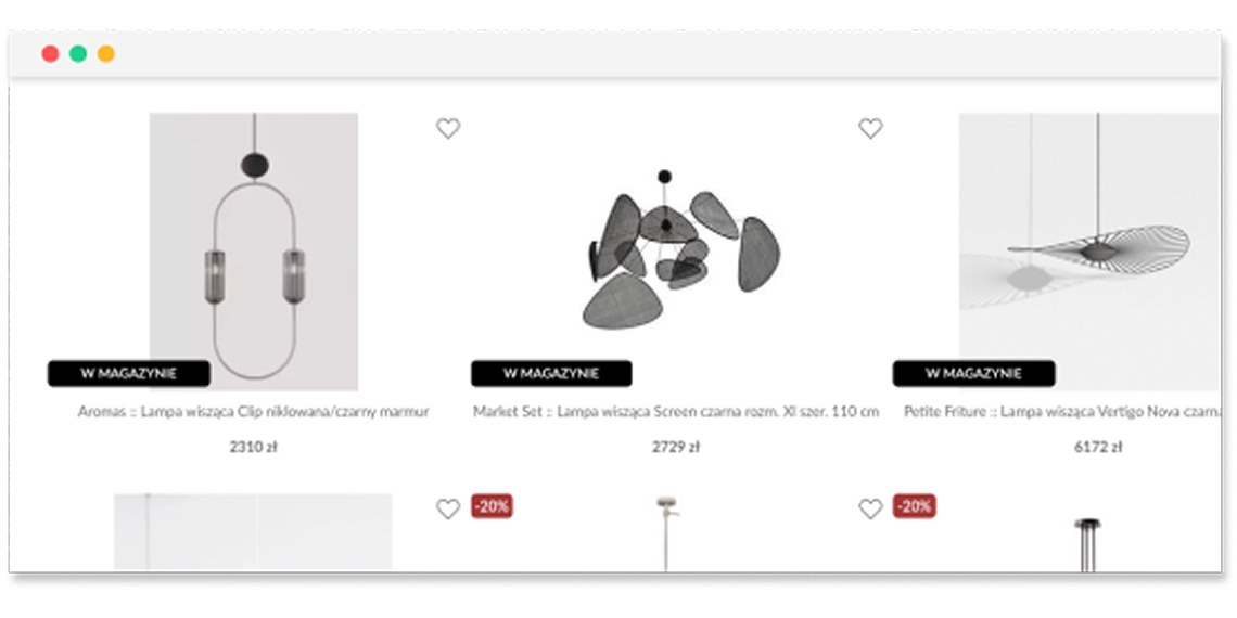 Lista produktów w sklepie internetowym z oznaczeniem „W magazynie” – Searching Pro prezentuje najpierw dostępne towary w wynikach wyszukiwania