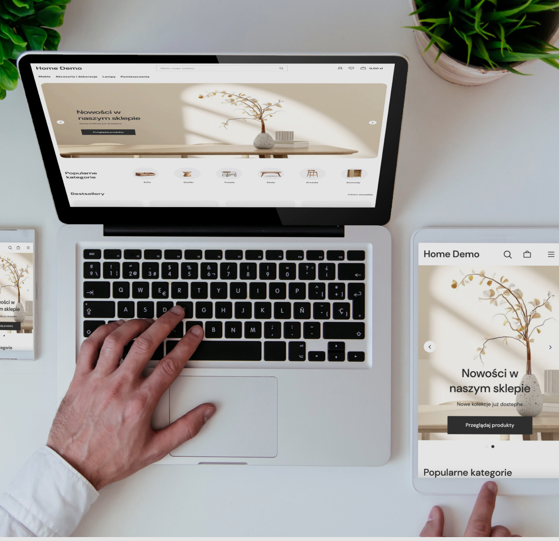 Responsywne szablony RWD – ten sam sklep na każdym urządzeniu Widok sklepu internetowego IdoSell na laptopie, tablecie i smartfonie – szablon RWD dopasowany do różnych urządzeń