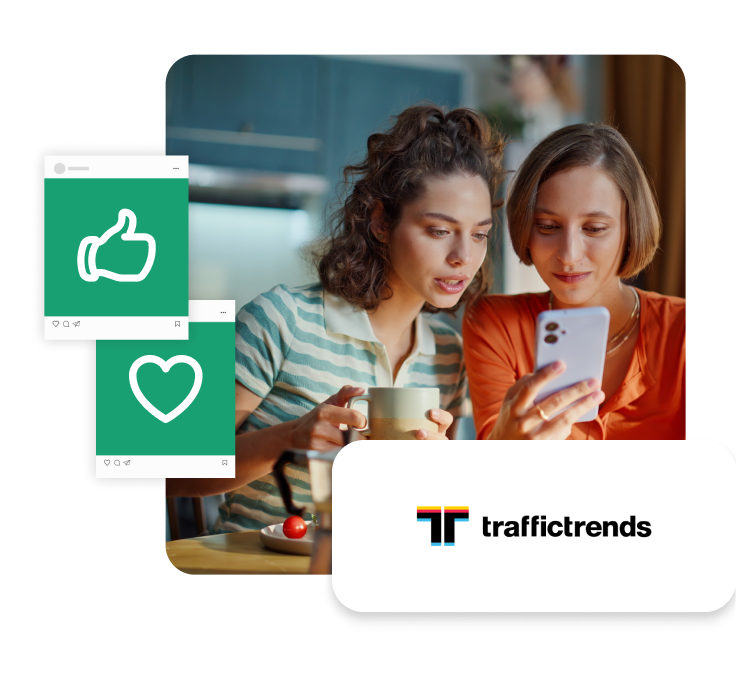 Traffic Trends – zwiększ widoczność sklepu dzięki social media i marketingowi Dwie kobiety przeglądające telefon z ikonami social media w tle oraz logo Traffic Trends – symbol marketingu i zwiększania ruchu w e-commerce.