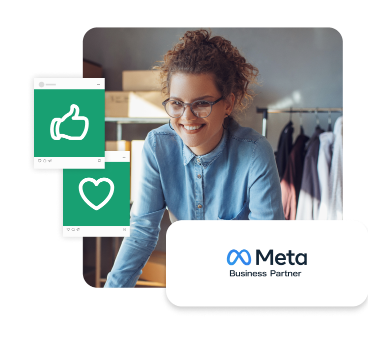 Uśmiechnięta kobieta pracująca przy komputerze w sklepie internetowym, w tle ikony social media oraz logo Meta Business Partner.