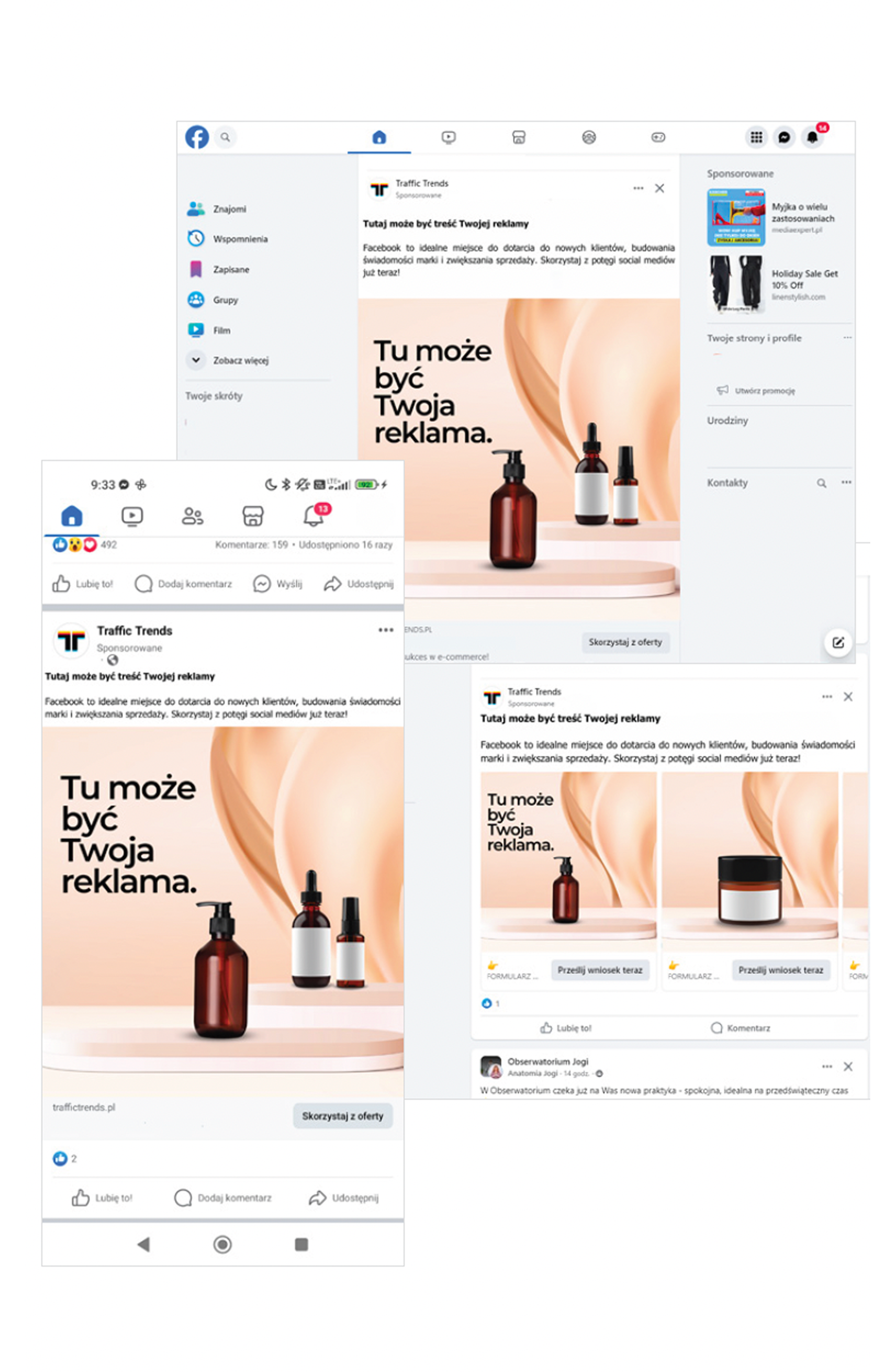 Przykłady reklam Meta wyświetlanych w feedzie Facebooka na komputerze i smartfonie, prezentujące sponsorowane posty z produktem i tekstem „Tu może być Twoja reklama”.