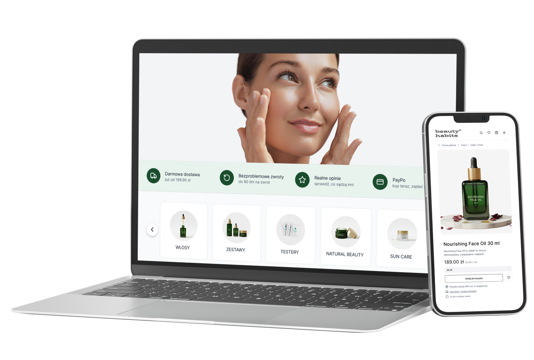 Laptop i smartfon prezentujące sklep internetowy z kosmetykami oraz etapy migracji: wyceń, przenieś i sprzedawaj – symbol przeniesienia sklepu do IdoSell.