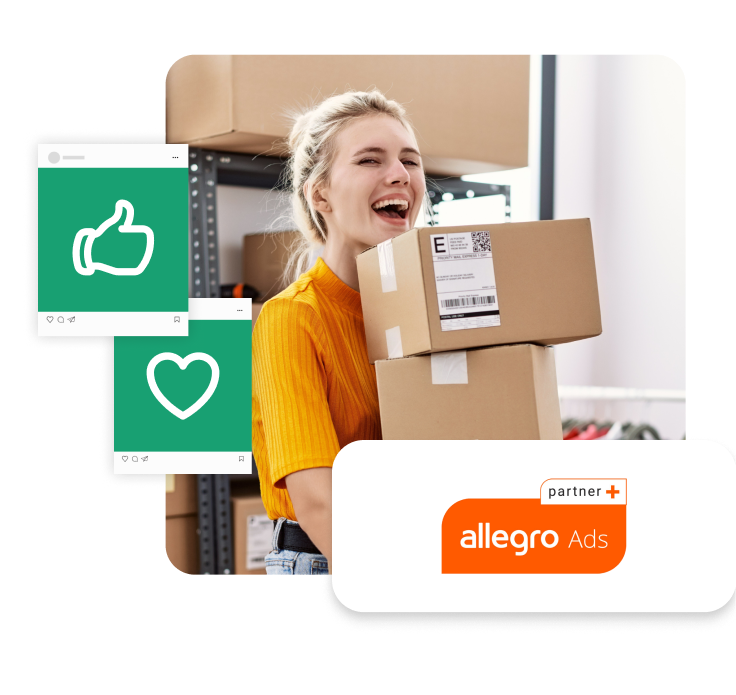 Uśmiechnięta kobieta w magazynie trzymająca paczki do wysyłki, w tle ikony social media oraz logo Allegro Ads Partner+ – symbol reklamy i sprzedaży na Allegro