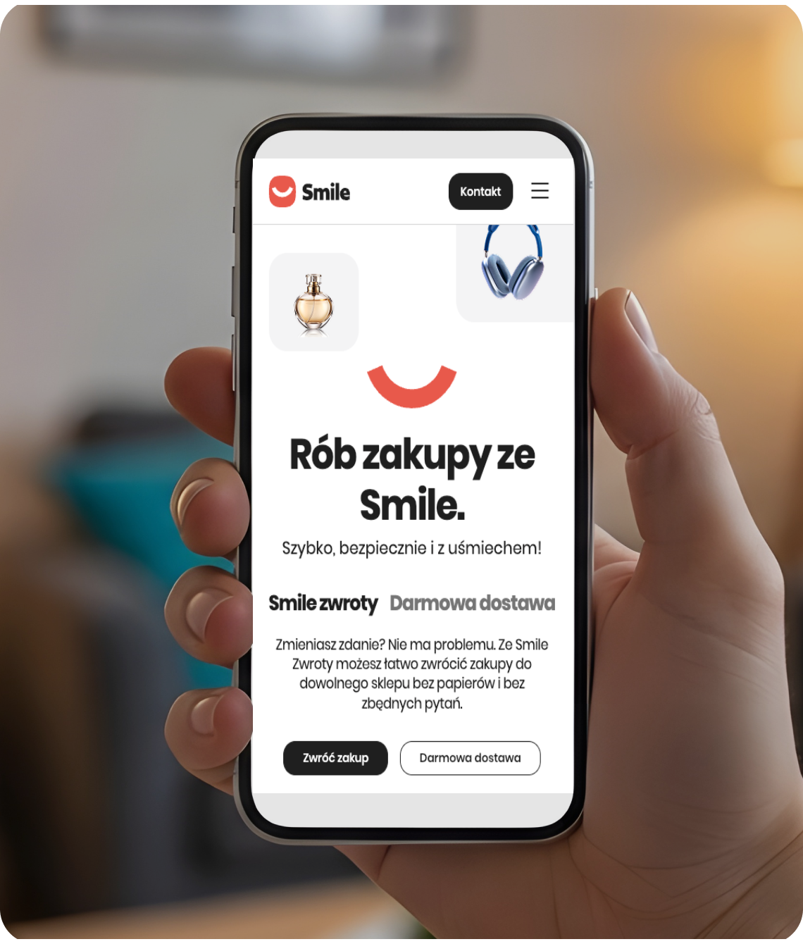 Zwroty Smile - ekran telefonu ze stroną zwrotów Smile