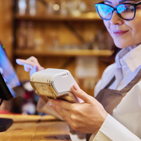 Kobieta z terminalem płatniczym sprzedająca zarówno stacjonarnie, jak i online.
