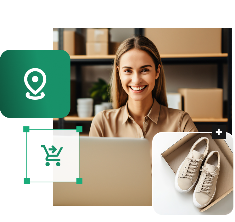 Właścicielka sklepu internetowego przy laptopie w magazynie z ikonami fulfillmentu i lokalizacji