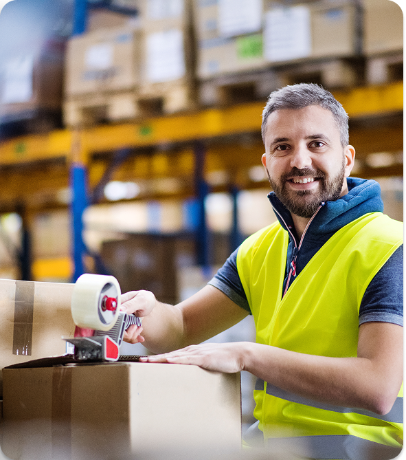 Pracownik magazynu pakujący zamówienie przy użyciu systemu WMS IdoSell