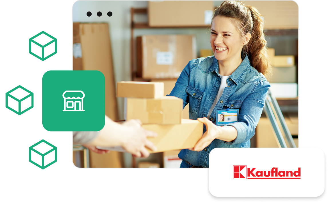 Kobieta w magazynie przekazująca paczkę — integracja IdoSell z Kaufland Marketplace