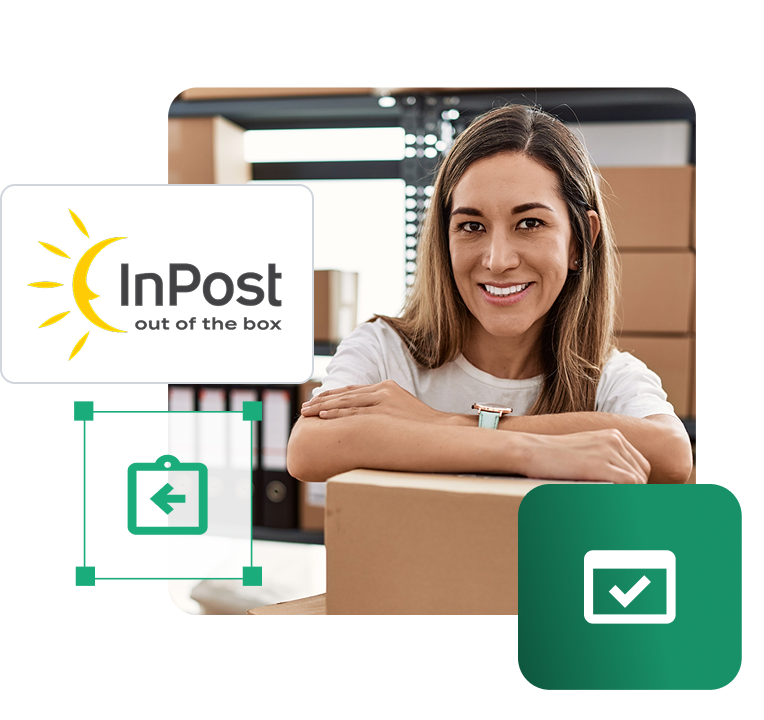 InPost International w IdoSell InPost International w IdoSell - kobieta w magazynie wysyłająca paczki za granicę