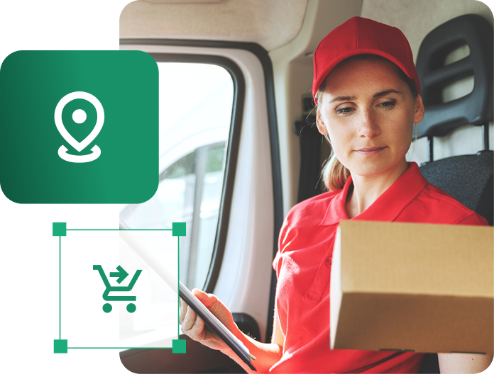 IdoSell Broker - tanie wysyłki bez podpisywania umowy Kurierka trzymająca paczkę i tablet w samochodzie dostawczym – usługi kurierskie IdoSell Broker.