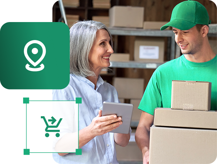 Kobieta w magazynie przekazująca paczki do wysyłki kurierowi.