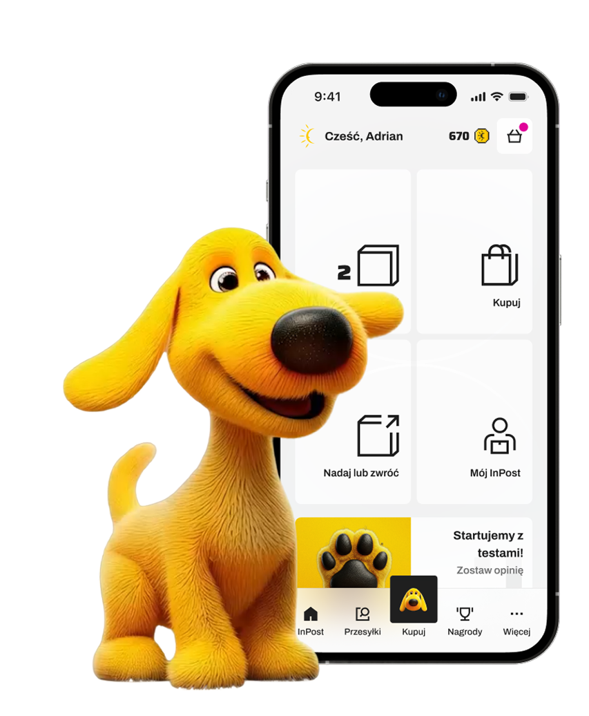 Aplikacja InPost Buy na smartfonie i pies Von Halski.