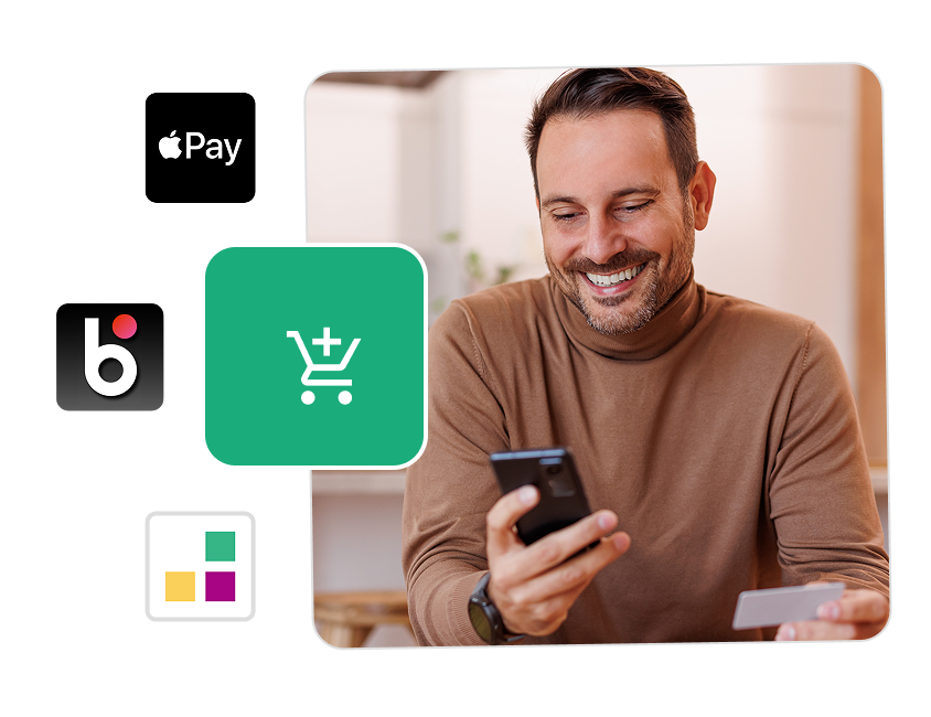 Mężczyzna płacący telefonem i kartą w sklepie internetowym – logotypy systemów płatności: Apple Pay, BLIK, Klarna.