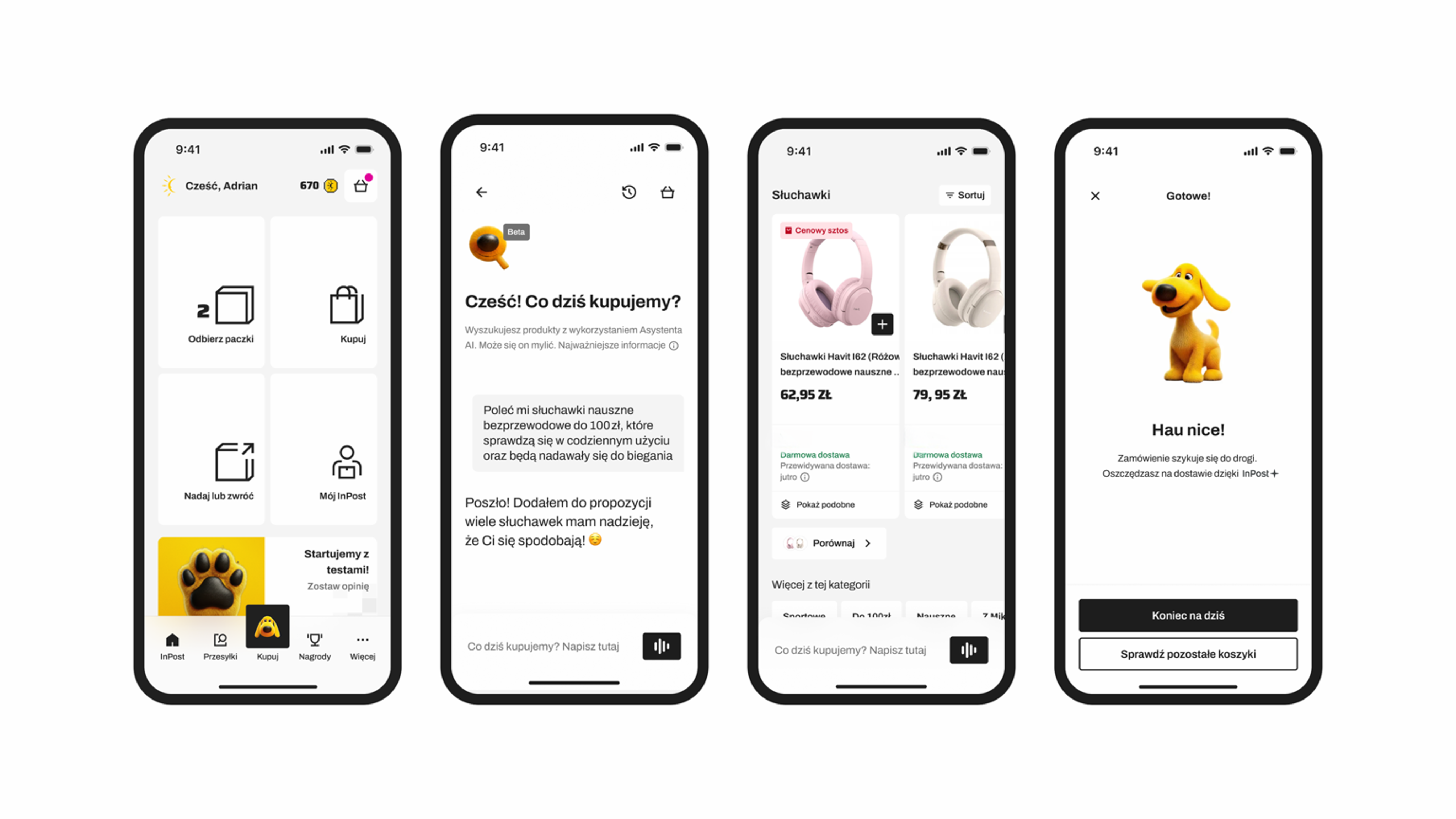 Cztery ekrany aplikacji InPost Mobile prezentujące funkcję InPost Buy: ekran główny z przyciskiem „Kupuj", asystent AI z zapytaniem o słuchawki, wyniki wyszukiwania z porównaniem produktów oraz ekran potwierdzenia zamówienia.
