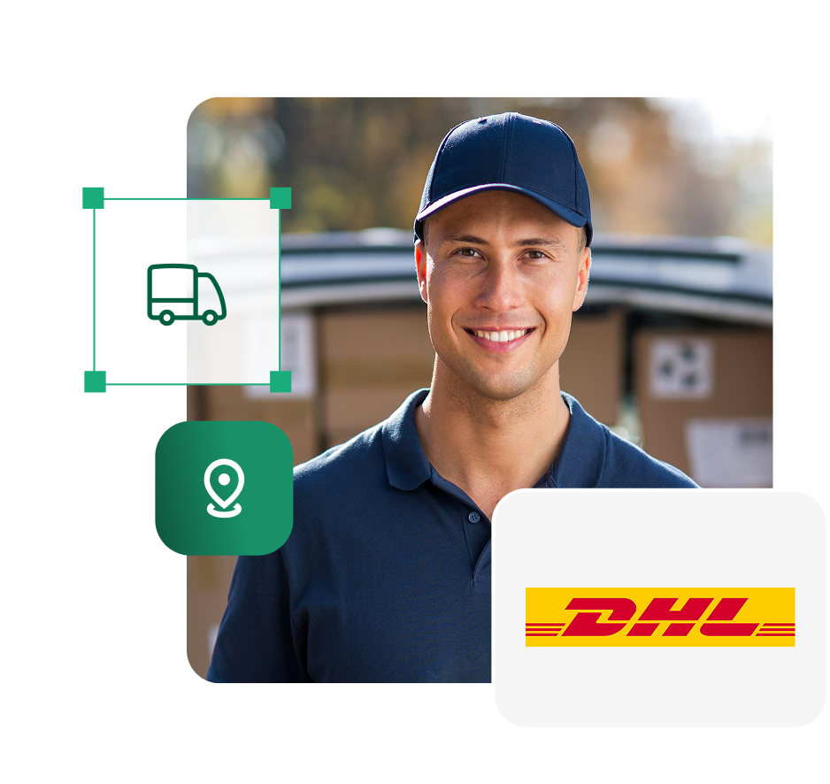 Integracja z DHL - kurier trzymający paczkę i logo DHL