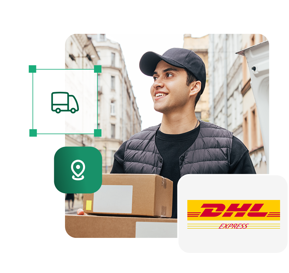 Integracja z DHL Express - uśmiechnięty kurier rozwożący przesyłki za granicą.