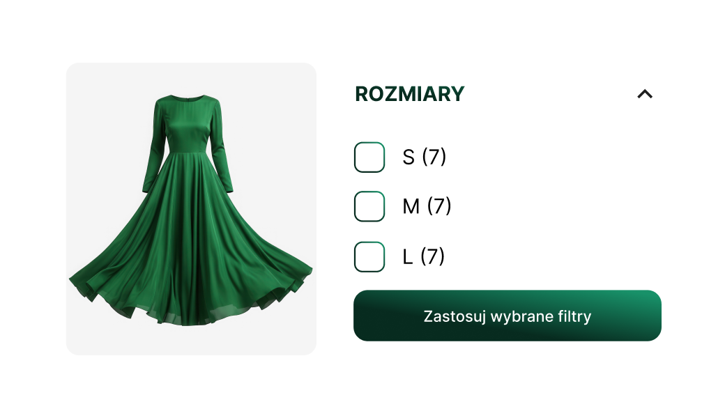 Widok na filtrowanie rozmiaru sukienki w sklepie online
