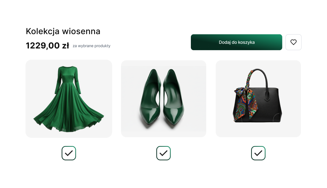 Widok zestawu produktów w sklepie IdoSell: zielona sukienka, zielone szpilki  i czarna torebka z apaszką zgrupowane w kolekcję wiosenną za 1229,00 zł  z możliwością dodania wybranych produktów do koszyka jednym kliknięciem