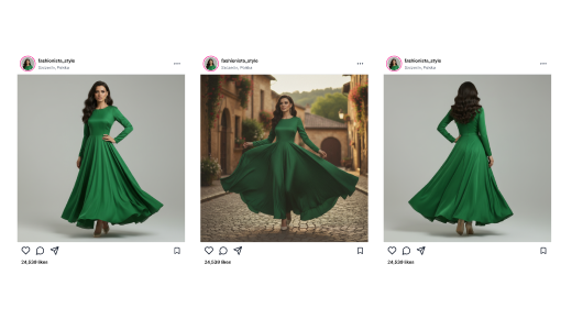 Trzy posty na Instagramie przedstawiające zieloną sukienkę maxi – zdjęcie produktowe,  sesja w plenerze i ujęcie z tyłu – ilustracja integracji sklepu internetowego  z social media w platformie IdoSell