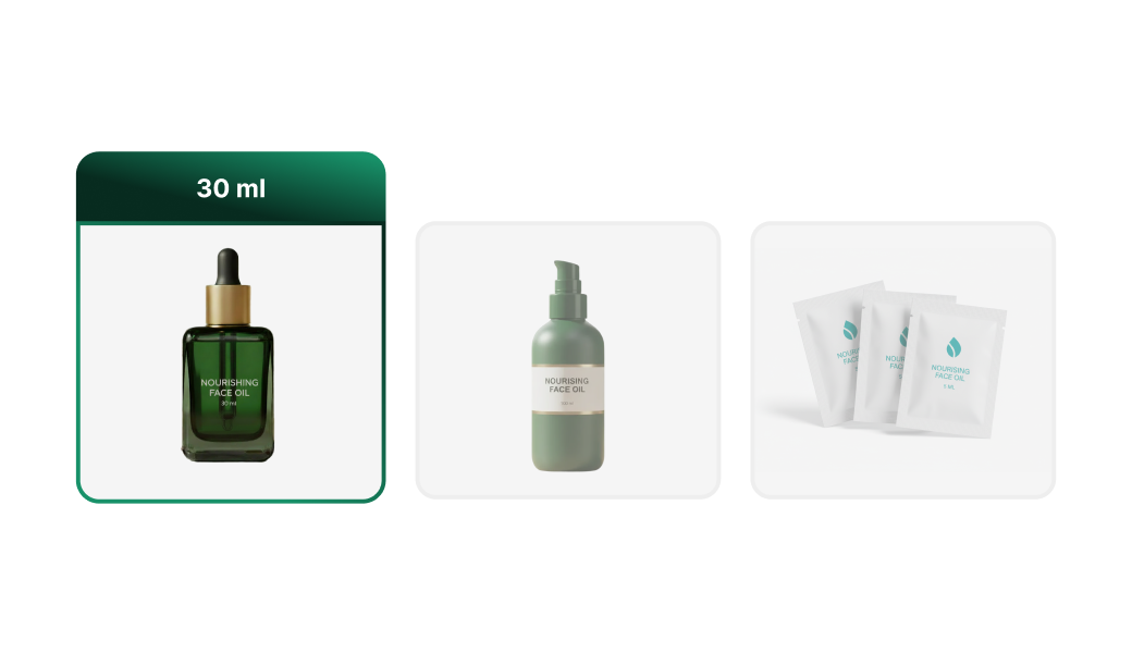 Sklep z branży beauty w IdoSell Trzy warianty odżywczego olejku do twarzy: butelka z pipetą 30 ml, pojemnik z pompką 50 ml oraz jednorazowe saszetki do próbkowania.
