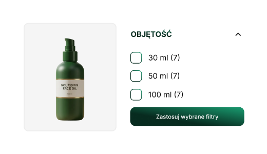 Filtrowanie produktów w sklepie beauty w IdoSell Panel filtrowania produktów według objętości z opcjami 30 ml, 50 ml i 100 ml (7 produktów każda) oraz przyciskiem „Zastosuj wybrane filtry".