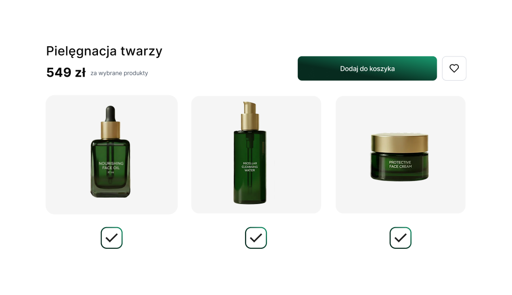 Zestawy i kolekcje w sklepie beauty w IdoSell Zestaw do pielęgnacji twarzy składający się z olejku do twarzy, wody micelarnej i kremu ochronnego, dostępny w cenie 549 zł z możliwością wyboru produktów i dodania do koszyka.