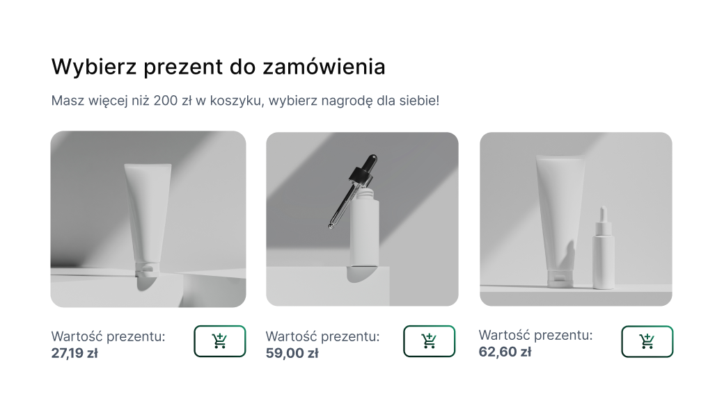 Gratisy i darmowe próbki w sklepie beauty na platformie IdoSell Sekcja wyboru bezpłatnego prezentu do zamówienia powyżej 200 zł – trzy propozycje kosmetyków o wartości 27,19 zł, 59,00 zł i 62,60 zł z możliwością dodania do koszyka.
