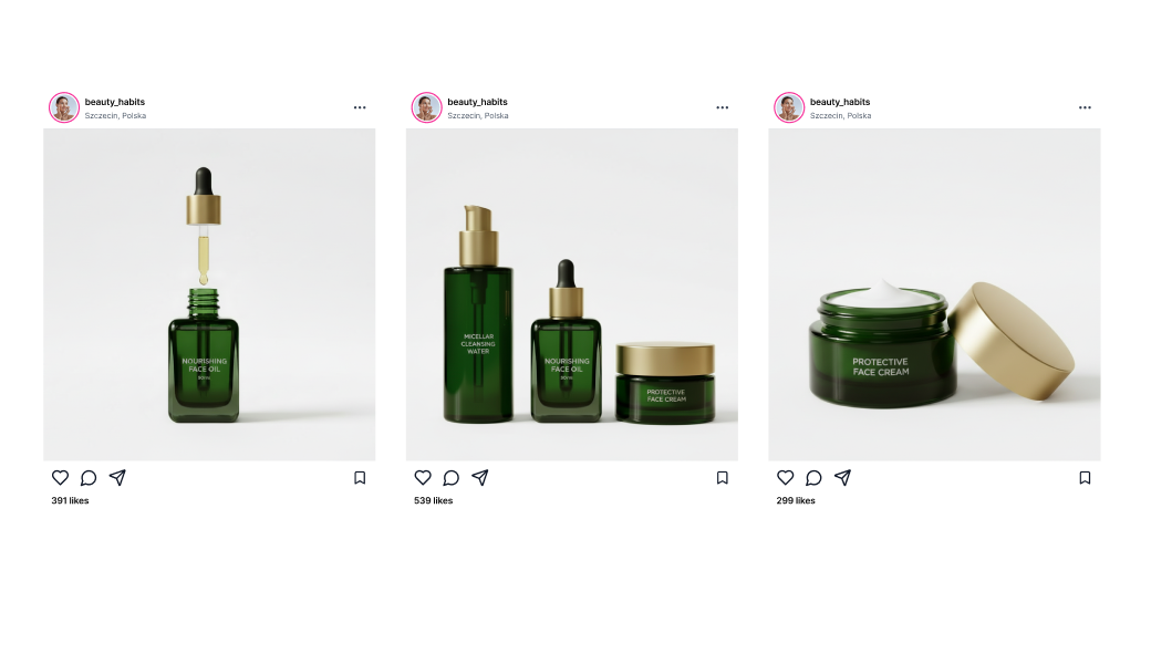 Integracja z Instagramem w sklepie internetowym na platformie IdoSell Trzy posty Instagram konta beauty_habits prezentujące olejek do twarzy, zestaw pielęgnacyjny oraz krem ochronny – łącznie ponad 1200 polubień.