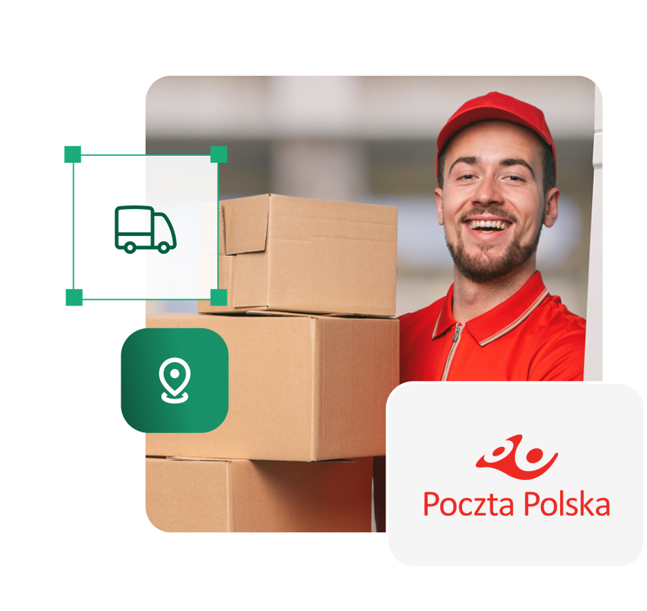 Uśmiechnięty kurier w czerwonej koszulce i czapce stojący przy stosie kartonowych paczek, obok ikony ciężarówki i pinezki lokalizacji oraz logo Poczty Polskiej.