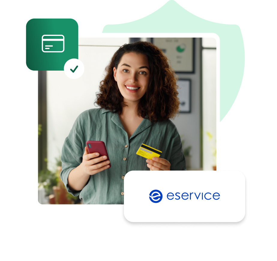 Integracja IdoSell z eService - płatności w sklepie internetowym Kobieta trzymająca kartę płatniczą i smartfon, logo eService, ikona zatwierdzonej płatności kartą.