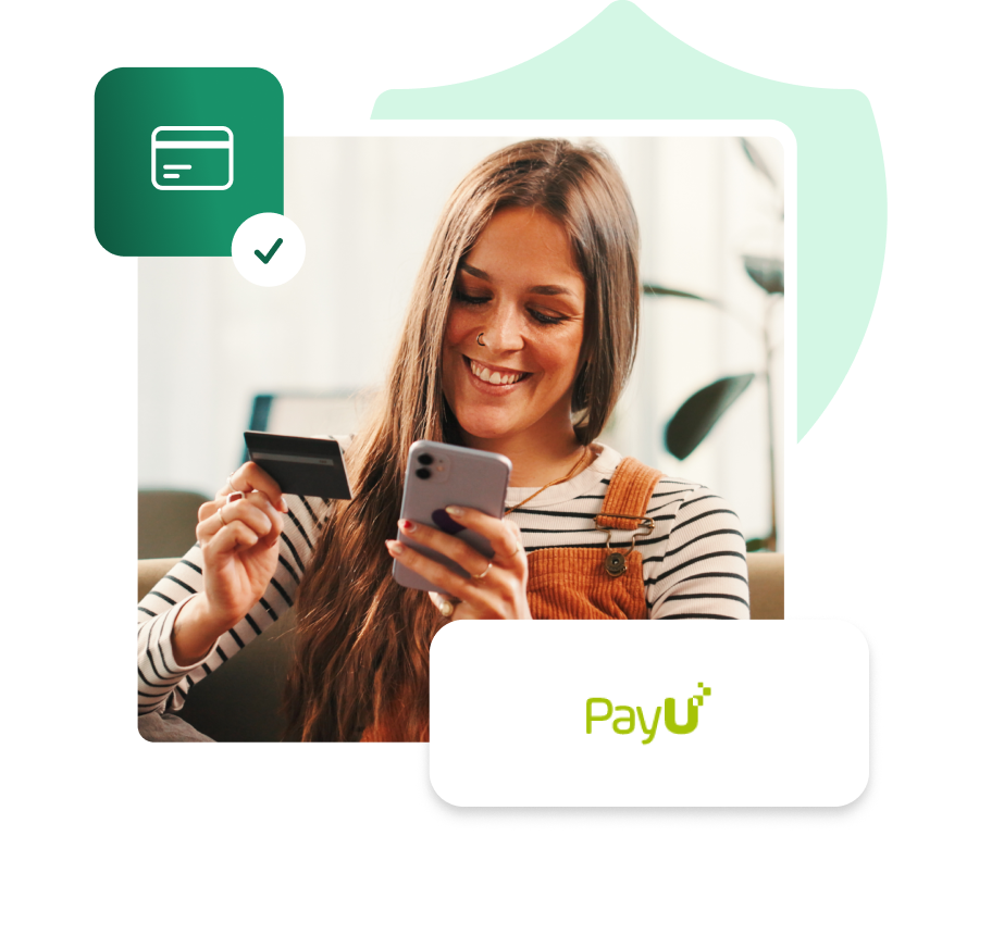 Integracja IdoSell z PayU - BLIK, karty i szybkie przelewy w sklepie internetowym Kobieta trzymająca kartę płatniczą i smartfon, logo PayU, ikona zatwierdzonej płatności kartą.