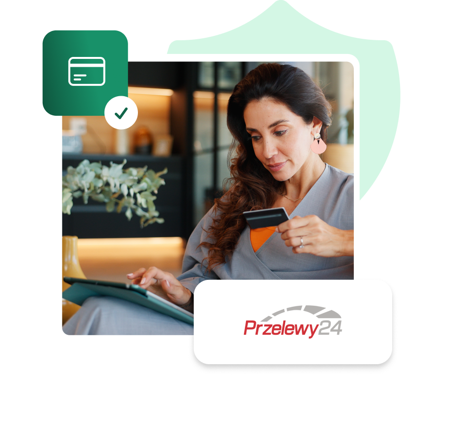 Kobieta trzymająca kartę płatniczą i przeglądająca tablet, logo Przelewy24, ikona zatwierdzonej płatności kartą.