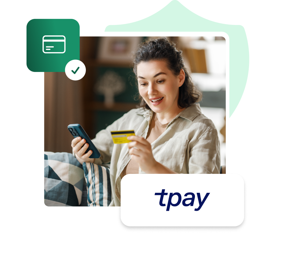 Integracja IdoSell z Tpay - karty, BLIK i przelewy w sklepie internetowym Kobieta trzymająca kartę płatniczą i smartfon, logo Tpay, ikona zatwierdzonej płatności kartą.