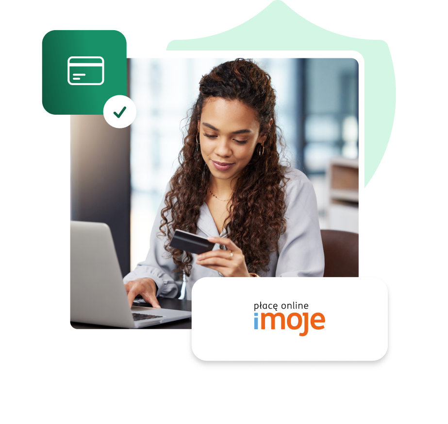 Integracja IdoSell z imoje - bramka płatności ING Bank Śląski w sklepie internetowym Kobieta trzymająca kartę płatniczą i pracująca przy laptopie, logo imoje płacę online, ikona zatwierdzonej płatności kartą.