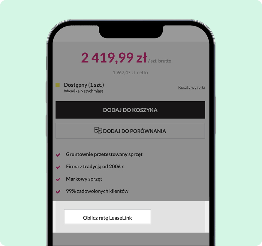 Kalkulator raty LeaseLink na karcie produktu w sklepie IdoSell. Karta produktu w sklepie internetowym na smartfonie z widocznym przyciskiem Oblicz ratę LeaseLink.