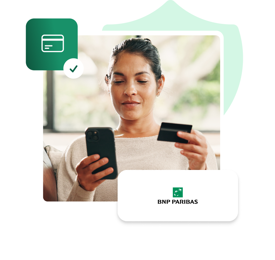Integracja IdoSell z BNP Paribas – raty bankowe w sklepie internetowym Kobieta trzymająca kartę płatniczą i smartfon, logo BNP Paribas, ikona zatwierdzonej płatności kartą