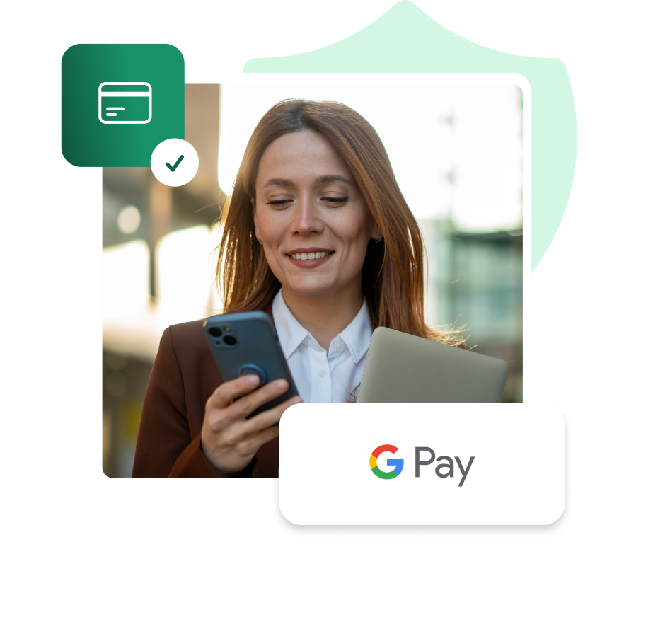 Integracja IdoSell z Google Pay – szybkie płatności mobilne w sklepie internetowym Kobieta korzystająca ze smartfona i trzymająca laptopa, logo Google Pay, ikona zatwierdzonej płatności kartą.